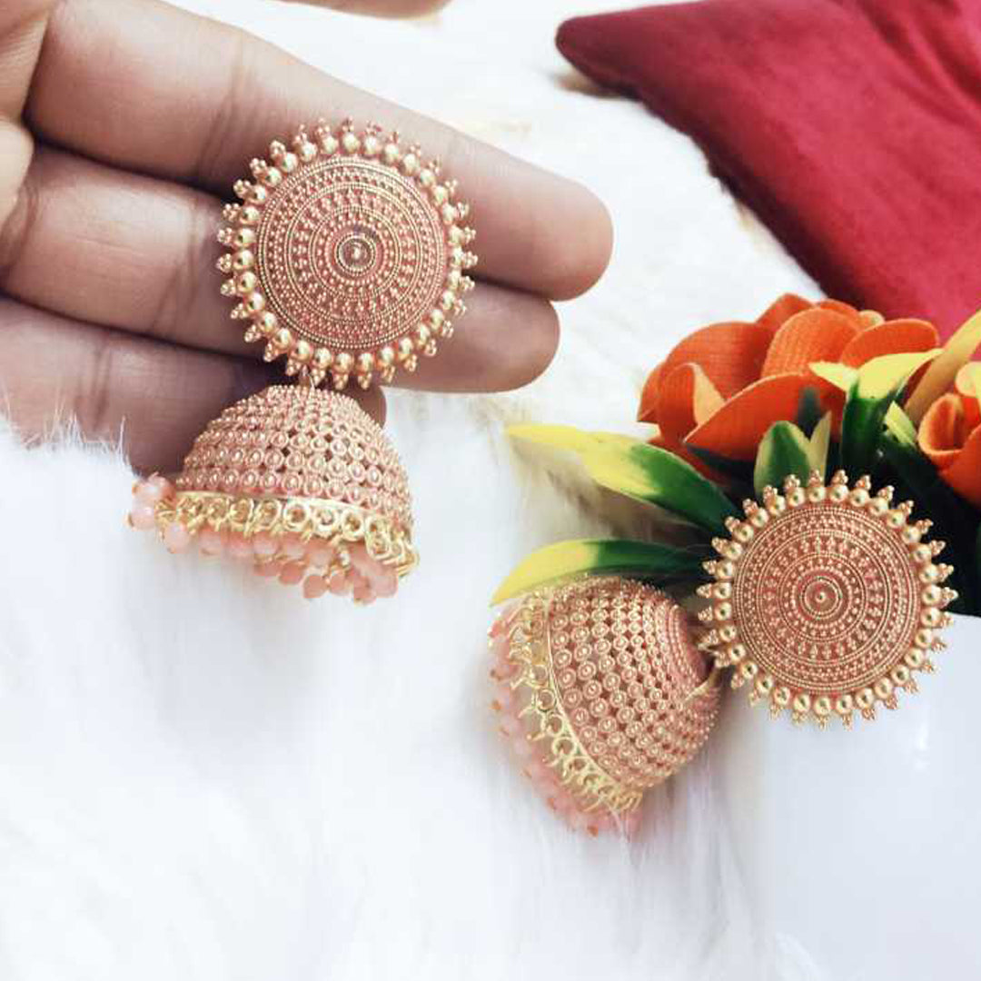 Combo of 2 Peach and Golden Pearls Dome Shape Jhumki