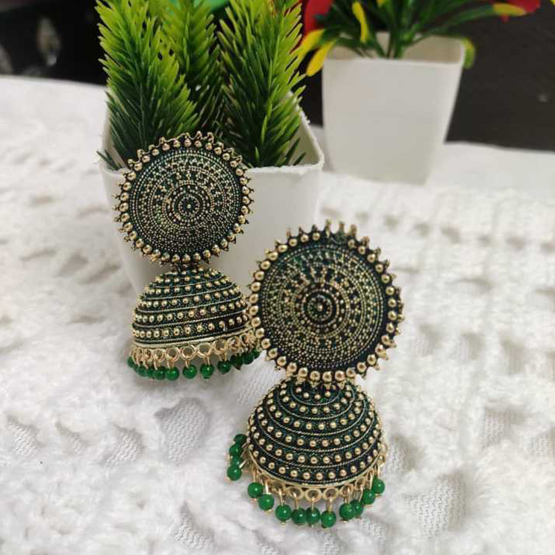 Combo of 2 Golden and Dark Green Pearls Dome Shape Jhumki