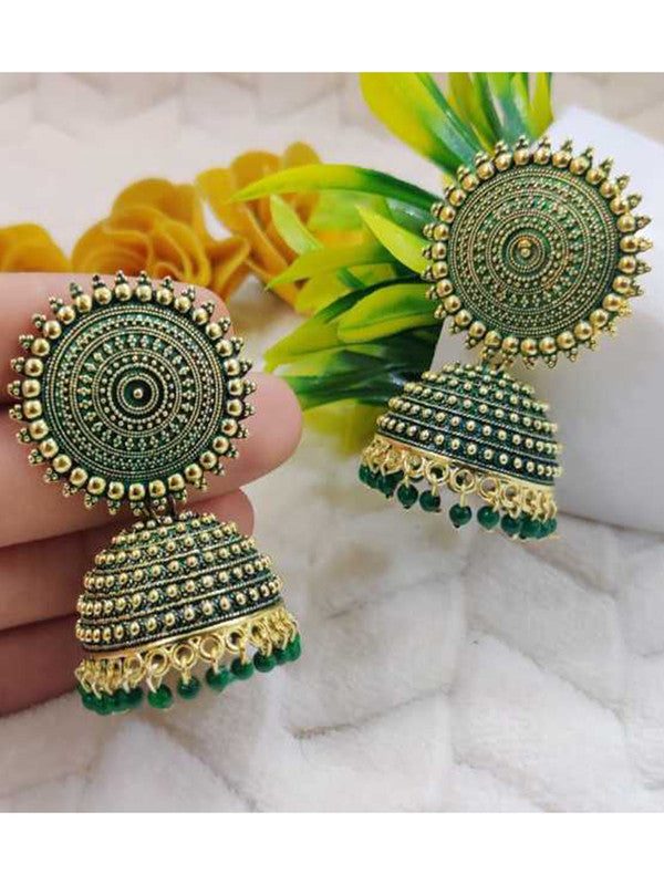 Vembley Stylish Traditional Golden and Dark Green Pearls Drop Dome Shape Jhumka Earrings For Women and Girls
