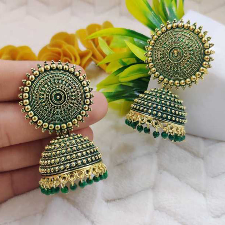 Combo of 2 Red and Dark Green Pearls Dome Shape Jhumki