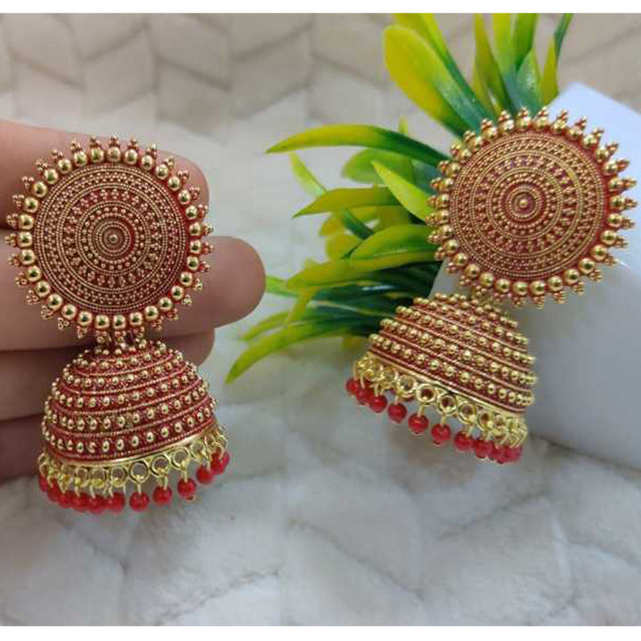 Combo of 2 Red Pearls Drop Dome Shape Jhumki