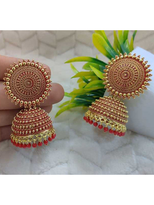 Combo of 2 Trendy Yellow and Red Pearls Drop Dome Shape Jhumki Earrings