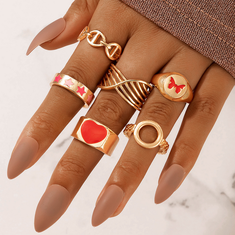 Red Dripping Oil Love Star Heart Butterfly 6 Pcs Ring Set