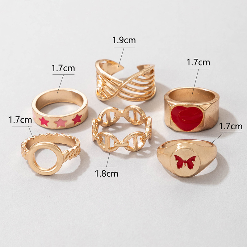 Red Dripping Oil Love Star Heart Butterfly 6 Pcs Ring Set