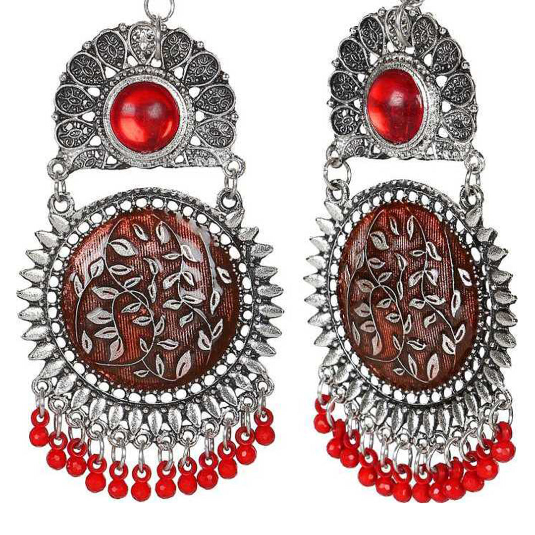 Oxidised Silver Red Beads Chandbali Earrings