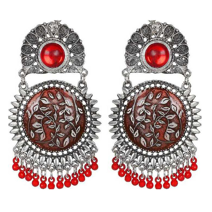 Oxidised Silver Red Beads Chandbali Earrings